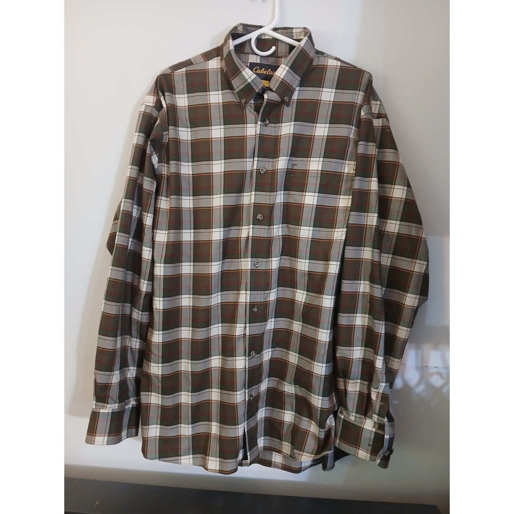 Cabelas Mens 2XLT Plaid Button Down Shirt Green Cotton Long Sleeve 2XL Tall